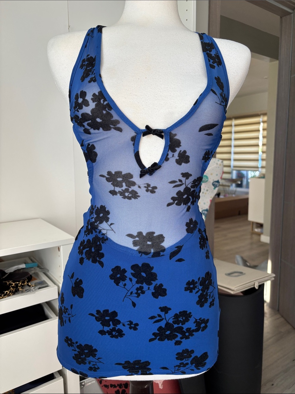 Blue Floral Mesh Bodysuit Tank with Keyhole Detail